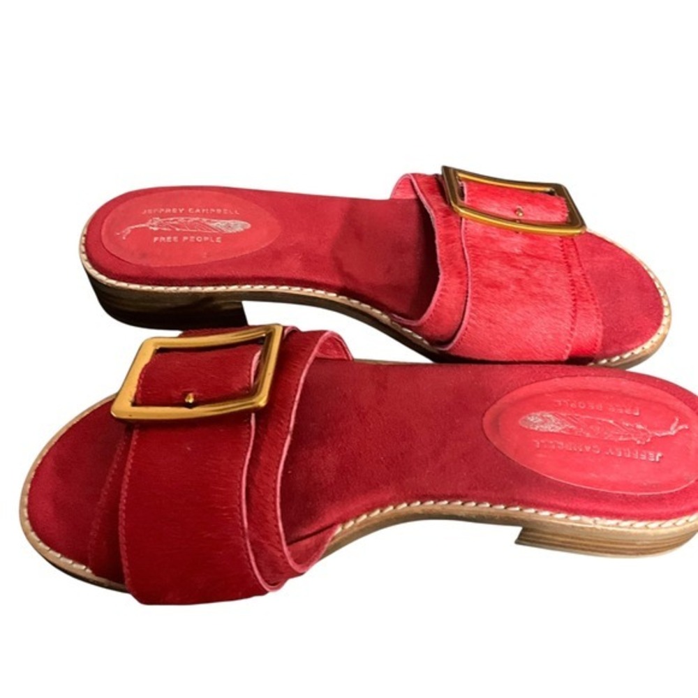 Jeffrey Campbell Sandals Womens 7.5 Red Free People Calf Hair Buckle Slide Shoes - Picture 9 of 16